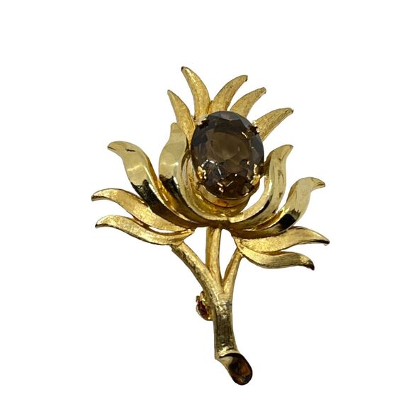 Brooks Scottish Thistle Brooch Pin Gold Tone Smkey Quartz Glass Signed Vintage
